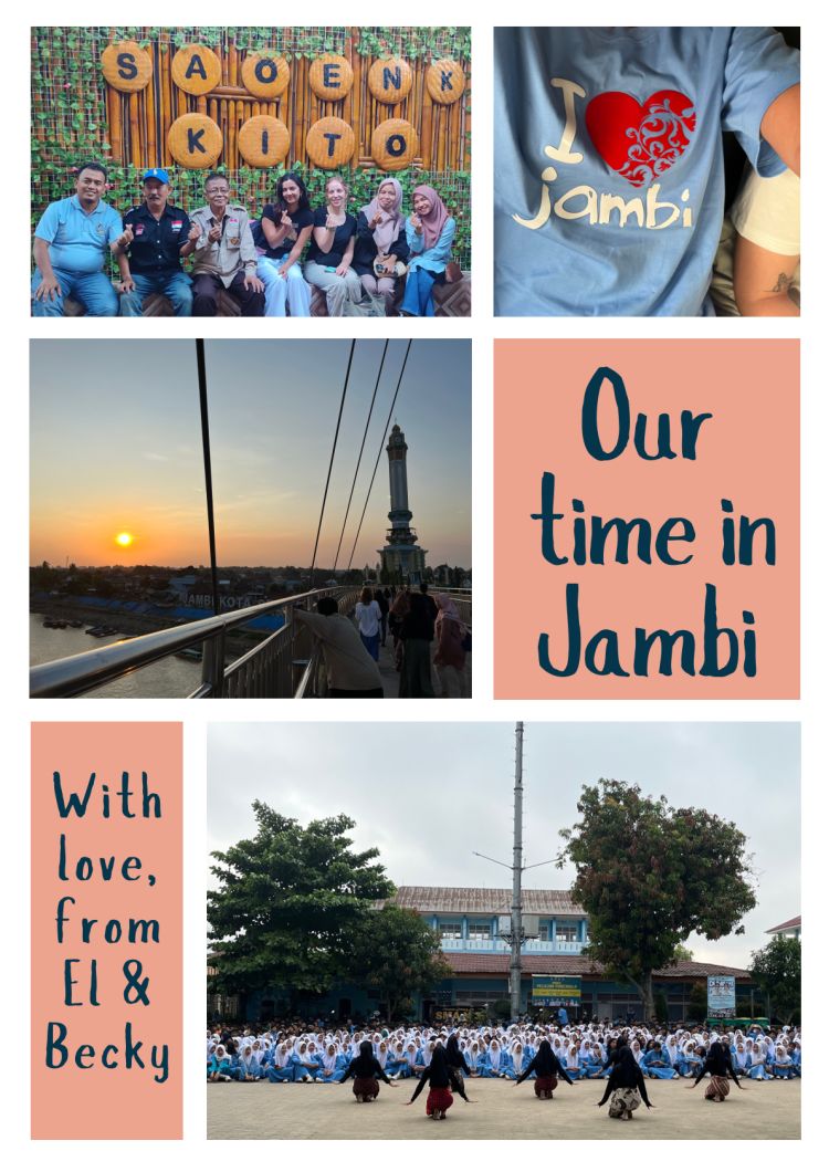 A collection of images from the trip to Jambi. One image shows a group of people using their hands to show a love heart to the camera, an image of a t-shirt with the text "I heart Jambi", an image of the sunset from a bridge, an image of a performance