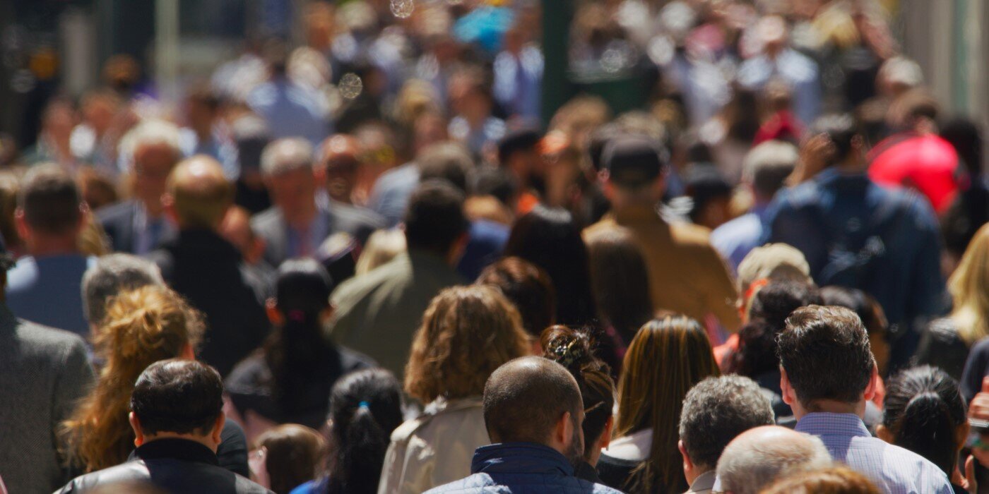A crowd of people on the street, seen from behind