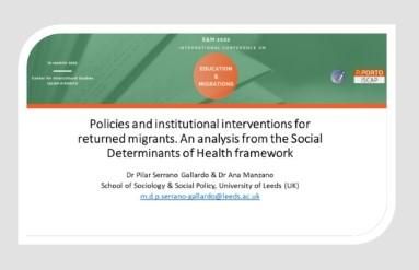 The title slide from Dr Pilar Serrano Gallardo and Dr Ana Manzano's presentation at the International Conference on Education and Migration 2022