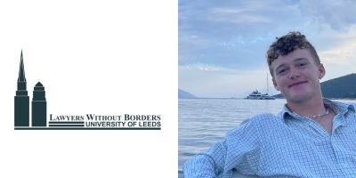 Left side of the picture is the Lawyers without Border University of Leeds logo, the right side is a young man on a boat with the sea behind him.