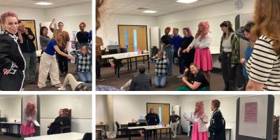 Photos of participants of the first session. The top two are pictures of the warmup exercise: ‘a drag machine’, and the bottom two are the workshop leaders performing the first version of the scene.