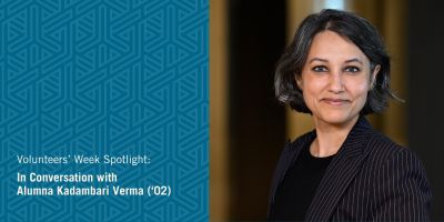 Portrait of alumna Kadambari Verma, smiling. The overlay text reads: Volunteers' Week Spotlight: In Conversation with Alumna Kadambari Verma ('02)