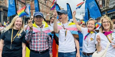 UEG members at Leeds Pride 2024. From left to right: Rachel Brearley, Hai-Sui Yu, Paul Johnson, Julia Bennell and Jane Madeley.