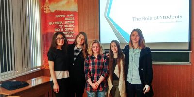 Emily Roche, a second year undergraduate student (pictured centre), has completed a two week teaching placement in Poltava, Ukraine.