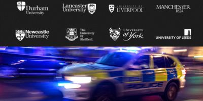 Blurred image of police car racing through streets. Above are the logos of the academic partners: Universities of Manchester, Sheffield, York, Leeds, Durham, Lancaster, Liverpool, and Newcastle