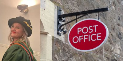 A Post Office sign is on the right. To the left is a photo of a smiling Kisby wearing University of Leeds PhD graduation robes.