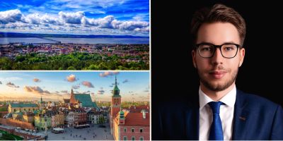 Bird’s eye view shots of Dundee and Warsaw. Smiling headshot of Dr Igor Szpotakowski