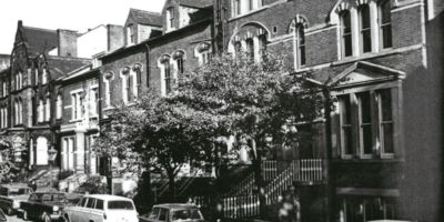 Black and white photograph of Lyddon Terrace in 1960s
