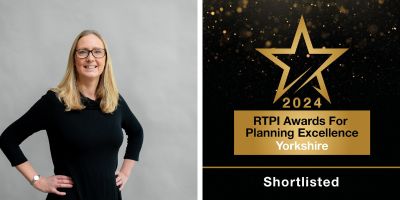 Portrait of a smiling Dr Barker, with the RTPI 2024 shortlisting logo to the left, reading Yorkshire, Shortlisted.