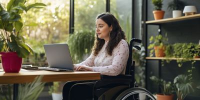 A student, who is a wheelchair user, working on their laptop.