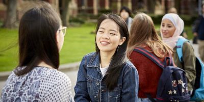 Students chatting in Beech Grove Plaza