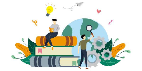 Reading book, studying, ideas, education with people illustration