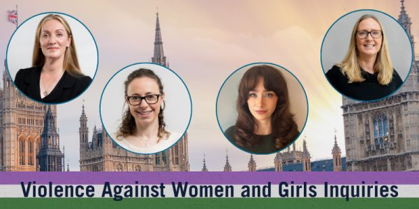 Background image of the Houses of Parliament at sunset. 
Four bubbles contain images of Dr Lewis, Dr Shaw, Dr Barker, and Sophie de Groot. 
Violence Against Women and Girls Inquiries tagline along the bottom, against purple, white and green stripe flag