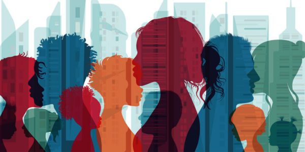 Group of people diversity silhouette from the side. 
By melita