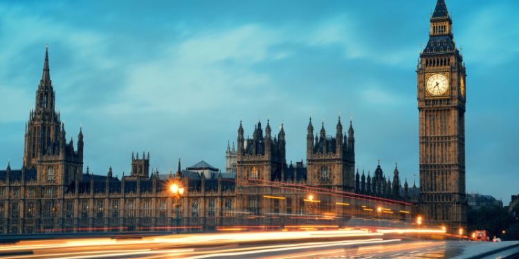 View of the Houses of Parliament  from opposite the bridge.