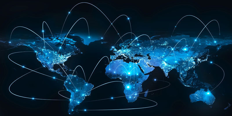 Blue lights on a map of the world