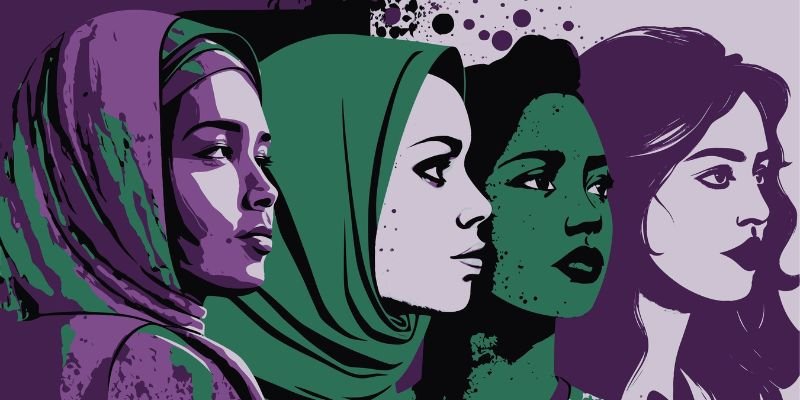 a group of people wearing headscarves in purple and green